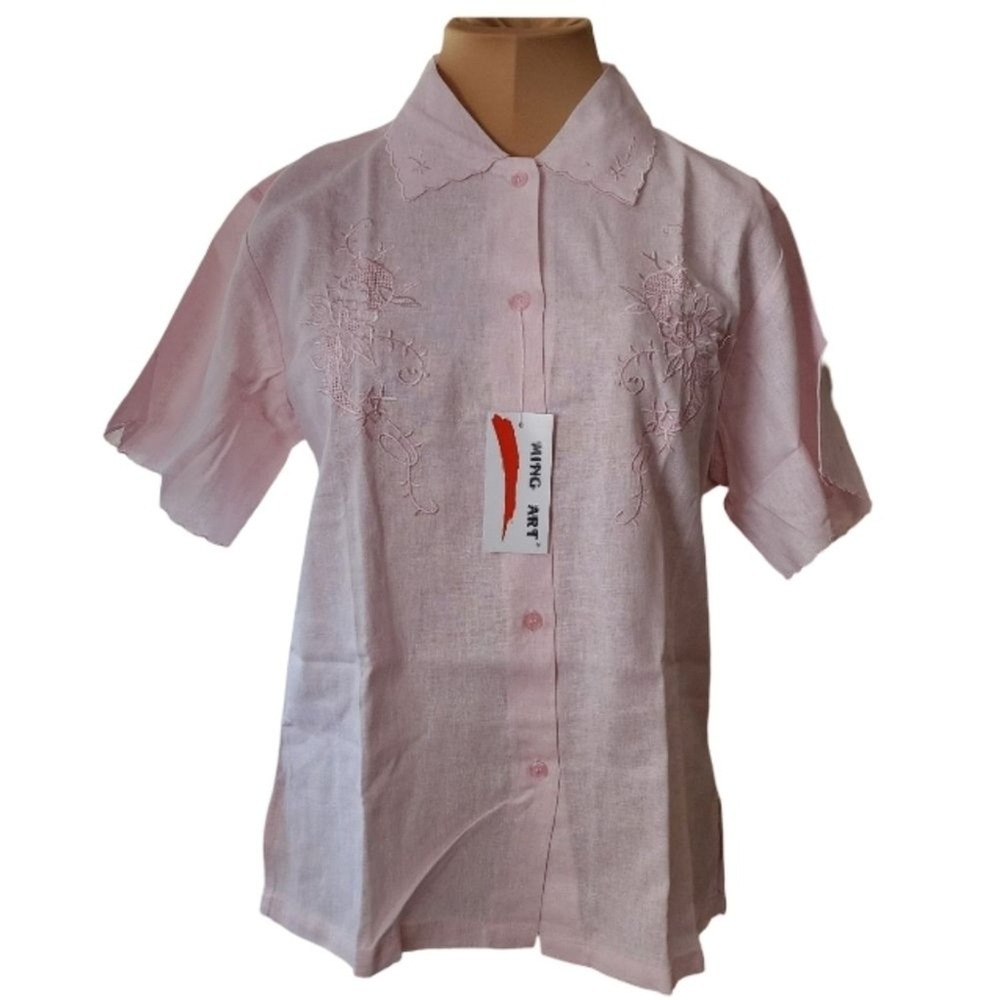 NWT Ming‎ Art Embroidered Pink Button-up Blouse Women's Large.